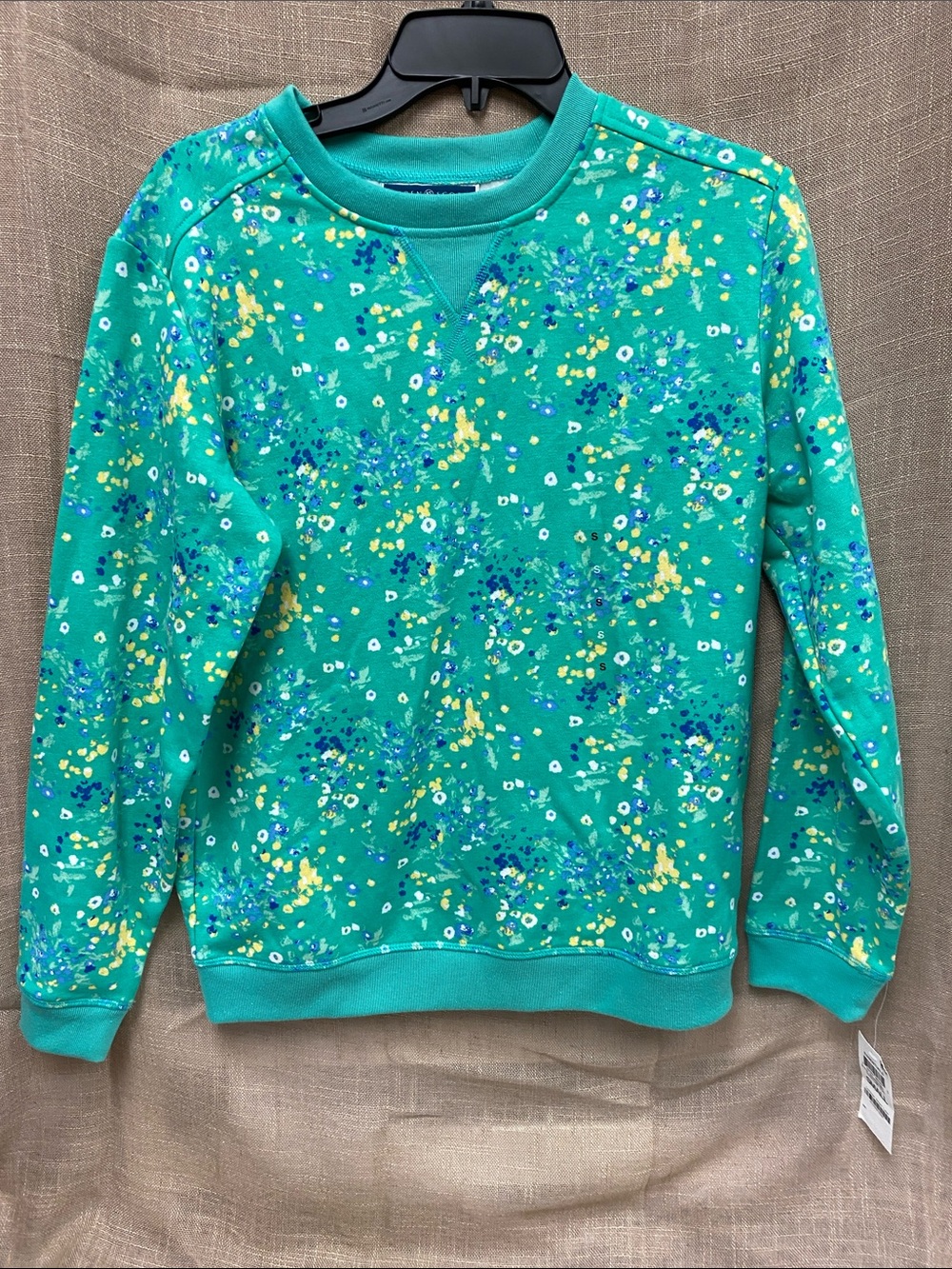 Karen Scott Girls Teal Floral Sweatshirt with Yellow & Blue Accents